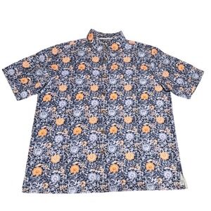 Island Republic Silk Shirt Mens L Floral Hawaiian Artsy Blue Orange Short Sleeve